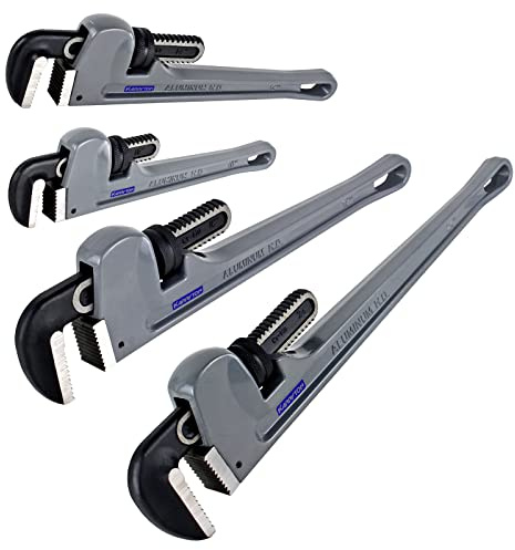 KARRYTON Aluminum Pipe Wrench Set, 10 14 18 24(4 Pack) Adjustable Straight Handle Plumbing Wrench Set, Heavy Duty Plumbers Tool with Drop Forged Jaw,Exceed the Standard GGG