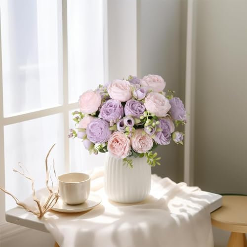 FADACHY Künstliche Blumen, Rosenstrauß für Zuhause, Hochzeit, Geburtstag, Party, Dekoration, lila und weiß, 4 Packungen