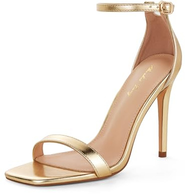 Zhabtuc Décolleté con tacco alto da donna, punta aperta quadrata, cinturino alla caviglia, tacco alto da 11 cm, scarpe eleganti e comode, oro, 37 EU