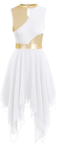yrsZX Women's Praise Dance Tunic Metallic Color Block Sleeveless Liturgical Dancewear Irregular Hem Lyrical Dance Dress Tag L, White