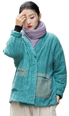 GaoLeAve Style chinois hiver coton lin femmes vêtements lin vieux matelassé épaissi amélioré style zen femme coton manteau, H-303, Taille unique