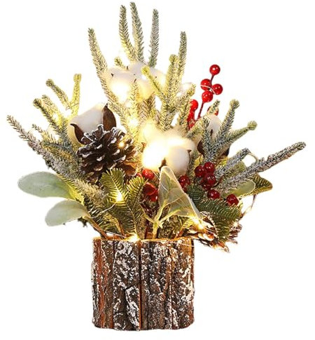 Árbol de Navidad artificial, minimesa, árbol de Navidad artificial de escritorio con bayas, árbol de Navidad con iluminación LED, 10 cm grandes plantas artificiales en maceta