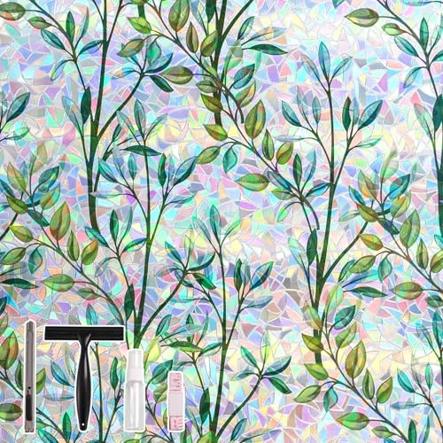 Conkov Window Privacy Film with Rainbow Effect, Static Cling Stained Glass Film Self Adhesive, UV Glare Blocking, For Home Bathroom Kitchen Bedroom Decoration, Green Leaf, 90 x 400 cm with Tool