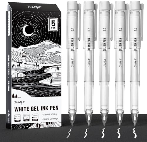 JusArt Stylos gel blancs avec pointes assorties de 0,4 mm,0,5 mm et 1 mm,encre blanche opaque pour papier noir,dessin,journal intime et loisirs créatifs,Artistes, matériel d'art,Lot de 5