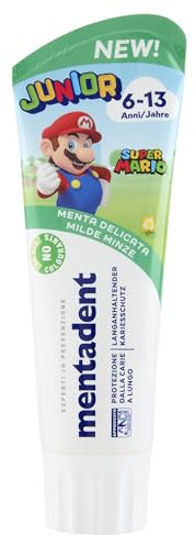 Mentadent Dentifricio Junior, Dentifricio Bambini 6-13 Anni, Gusto Menta Delicata, Con Tecnologia Remineralizzante, Protezione dalla Carie, Ideale per Denti da Latte, 97% Ingredienti Origine Naturale