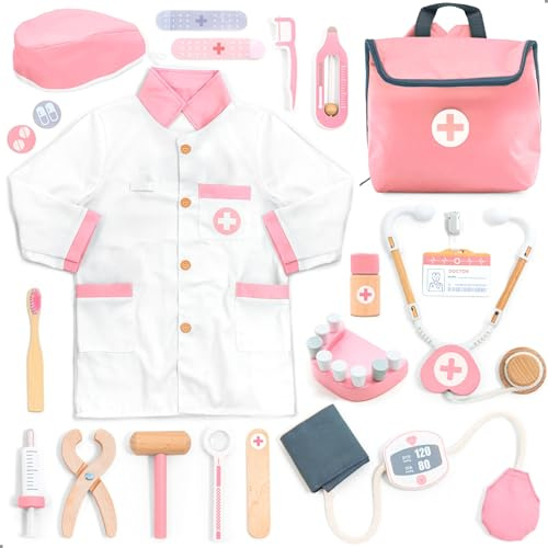 UMU® Valigetta Dottoressa Bambina in Legno – Kit Medico da 20 Pezzi con Stetoscopio Giocattolo, Vestito Dottoressa, Accessori Dentista e Altro – Gioco del Dottore per Bambine di 3, 4, 5 Anni