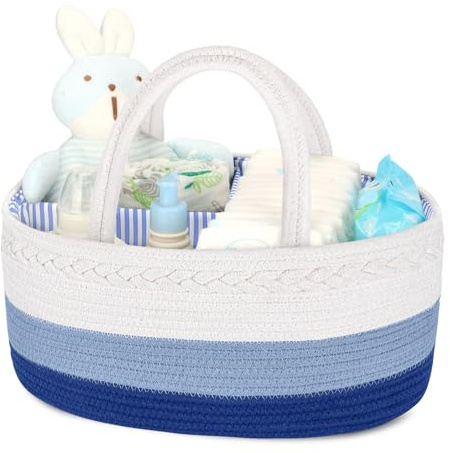Maliton Wickeltisch Organizer，Baby Organizer Korb，Aufbewahrungskorb für den Wickeltisch，Windel Caddy mit Fächern & Griffen，Geschenke für Neugeborene, Weiß Blau