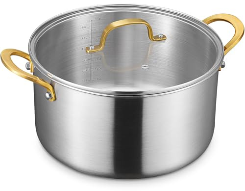 BEZIA 8 Quart Tri-Ply Stainless Steel Pot, Stockpot with Tempered Glass Lid, Exceptional Heat Distribution, Induction Pot, Induction Cooking Pot for All Stoves, Dishwasher Safe, Silver