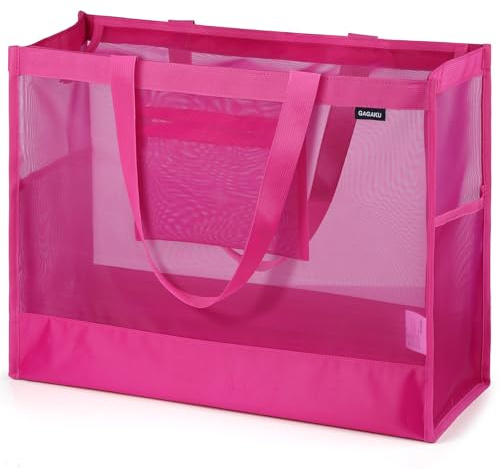 GAGAKU Bolsa de playa grande con cremallera, bolsa de playa de verano para viajes, piscina y playa, bolsas de playa plegables familiares de malla para mujer - Rose Rosa, rojo, extra-large