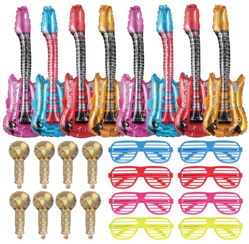 24 Pcs Photo Booth Props, Photobooth Party Props - Include 8 Inflatable Guitar, 8 Blow Up Microphone, 8 Colored Glasses, Inflatable Party Props for Kids Adult Fancy Dress Birthday Parties