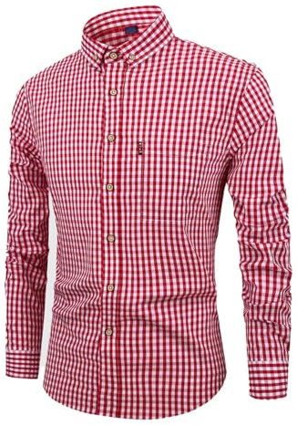 Camicia da uomo a maniche lunghe, a quadretti, da uomo, per Oktoberfest, colore blu, rosso, con tasch sul petto, camicia a maniche lunghe, classica, morbida, a quadri bavarese, combinabile, Colore