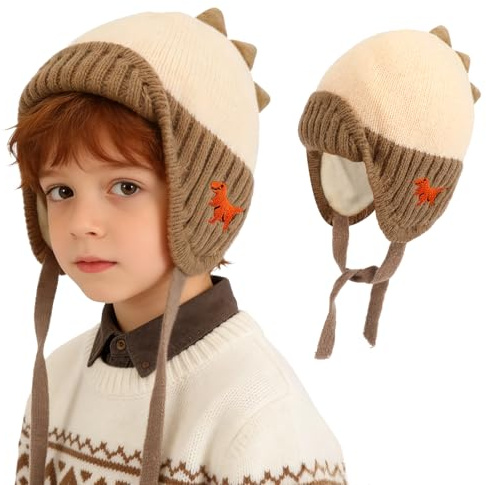 TAGVO Stickad vintermössa för barn, fleecefodrad varm mössa med öronklaffar och knytband, söt tecknad design för pojkar flickor ålder 1–4, BEIgE, one size