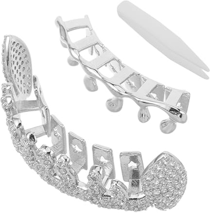 AKOOSY 2 st silver hiphop tandgrillar metallsmycken oregelbundna tänder cosplay tillbehör rappare unisex hållbara och justerbara mundekorationer