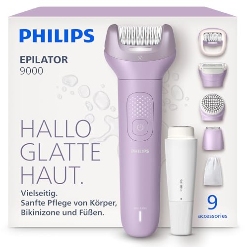 Philips Epilatore Serie 9000 - Epilatore elettrico Wet & Dry senza fili, per corpo, viso e zona bikini, con ProGuide, 9 accessori, autonomia di 60 minuti, modello BRE729/00
