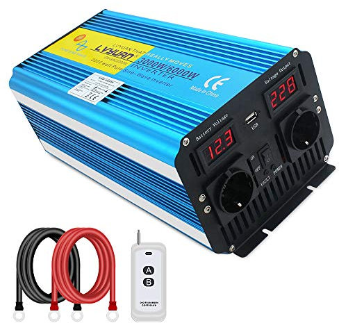 Cantonape Inversor de Corriente Onda Sinusoidal Pura 3000W/6000W Convertidor 12V a 220V 230V con Control Remoto Salidas de AC Dobles & Pantalla 2 LED para el Uso en el hogar del Carro de RV