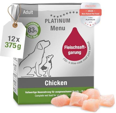 PLATINUM - Alimento para perros Menu Adult Chicken de carne - 12 x 375 g Alimento para perros rico en nutrientes como el barf - especialmente sabroso para perros pequeños y grandes - Sin BPA, probado