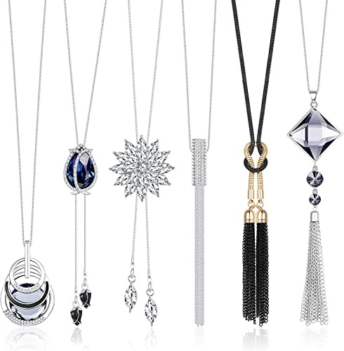 LOLIAS 6 PCS Long Pendentif Colliers pour Femmes Filles Strass Fleur Gland Collier Brins Y Simple Colliers Chandail Chaîne Déclaration Collier Ensemble Argent