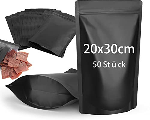 CANLENPK - 50 sacchetti in Mylar richiudibili, con chiusura lampo, per alimenti, pellicola di alluminio opaca, termosaldabile (nero, 20 x 30 cm)
