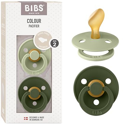 BIBS Colour Anatomical Dummies 2-Pack, BPA Free Dummy Pacifier, Orthodontic Nipple. Natural Rubber Latex, Made in Denmark. 6-18 Months (Pack of 2), Sage/Hunter Green