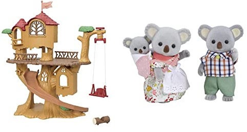 Sylvanian Families Casa De Aventuras En El Árbol Doll House (Epoch para Imaginar 05494) + Cabaña del Lago, Color Beige Y Verde (05451) & 05310 - Familia Koala (EPI)