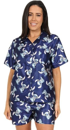 Disney Lilo & Stitch - Conjunto de pijama corto de satén para mujer, pijama de verano de dos piezas para mujer, satén de seda, tallas 8-18, blanco, 14-16