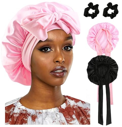 2 Stück Seidenhaube zum Schlafen, Silk Bonnet mit 2 Haargummis, Schlafmütze Bonnet Sleep Cap, Einstellbar Schlafhaube Seide, Breite Satin Haarhaube für Die Nacht für Damen Mädchen (Schwarz, Rosa)