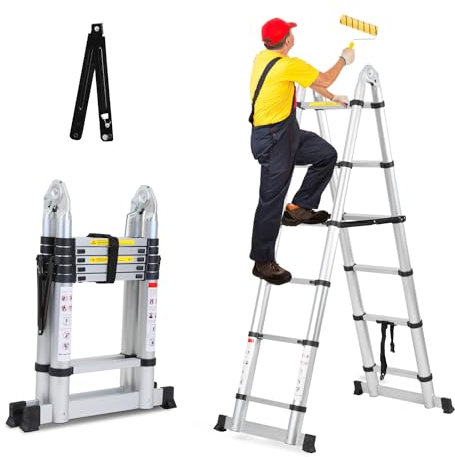 Herrselsam 3.8m(1.9m+1.9m) Teleskopleiter Klappleiter Aluminium, Mehrzweckleiter mit Tragegriff, Rutschfester Tragbar Alu Leiter Maximale Tragfähigkeit 150kg