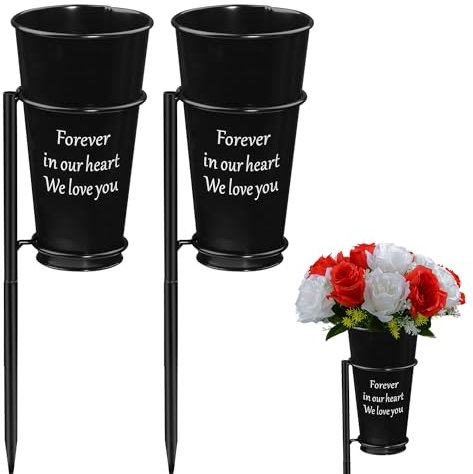 Jarrón de Metal para Cementerio - Conmemorativo de Lápida Con Picos para Flores Artificiales, Soporte para Tumba (Negro), Flores No Incluidas