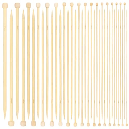 Aeelike Lot de 18 paires d'aiguilles à tricoter en bambou de 35 cm, de 2 à 10 mm, pour débutants et adultes, aiguilles droites en bambou de 35 cm de long pour tricoter, chaussettes, écharpes