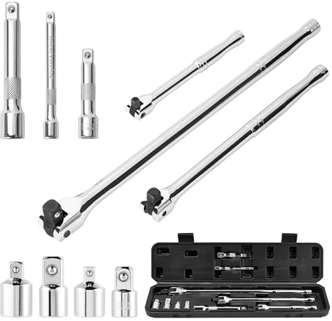 10 Piece Breaker Bar Set, 3/8 , 1/2 and 1/4 Drive, 180° Rotatable Head, 6'', 10'', 15'' Length, 3 Extension Bars, Organizer Case