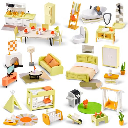 Maison de poupée en Bois 85 pièces - 6 pièces aménagées - Jouet éducatif 3 Ans+ Filles/garçons (Gentle Morandi Colour)