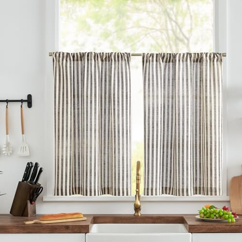 TOPICK Black Kitchen Curtains 2 Panels, Striped Cafe Curtains, W26 xL30 | Light Filtering Small Window Curtains, Rod Pocket Faux Linen Curtains for Living Room, Bathroom, Cupboard, Bedroom, Pinstripe