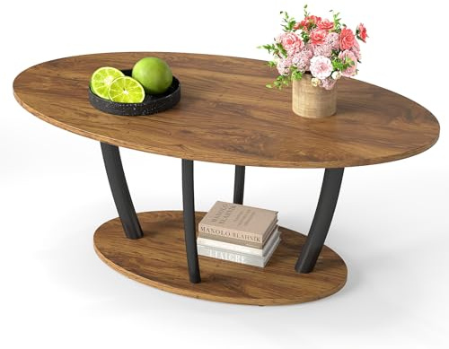 Couchtisch Oval Holz-Ovaler Wohnzimmertisch Braun mit unterer Ablage, Sofatisch Dunkelbraun,Stabiler Metallfuß & E1-Platte EIN Moderner Couchtisch, der Sich für Kleine Wohnzimmer, Büros und Wohnungen
