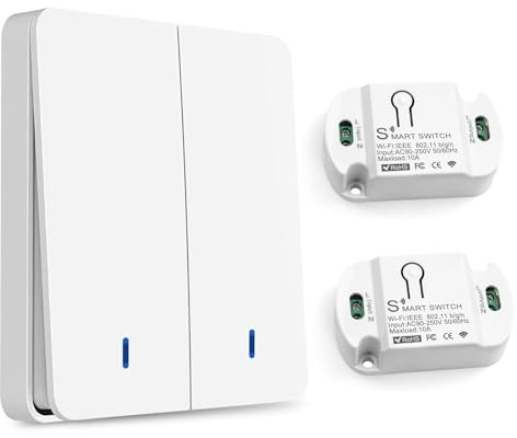 Interruttore Senza Fili, Interruttore luce Senza Fili, Interruttore Wireless, Interruttore wifi Smart Life, Interruttore Sicurezza Trasmettitore RF 433Mhz e 2 Controller Ricevitore 10A, Portata 100 m