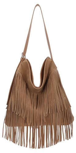 EVEOUT Damen Umhängetasche mit Quaste Synthetisches Wildleder in Übergröße Slouchy Western Style Crossbody Boho Fransen Hobo Tasche