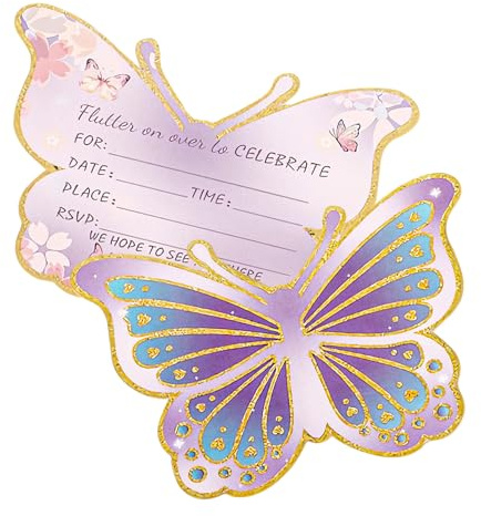 30Pcs Butterfly Birthday Party Invitations Girls Pink Birthday Invitations for Girls Boys Party Invites for Girl Boy Age 1-18 Kids Invites for Summer Garden Afternoon Tea BBQ Party 15 x 10 cm (Purple)