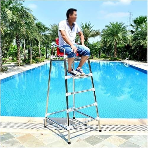 SAFWELAU Taburete Alto Escalera para Piscina Exterior Silla de Rescate portátil para Pool Deck Beach Lake, Sillas de observación de Salvavidas de Acero Inoxidable, con Gancho y Pedal de pie