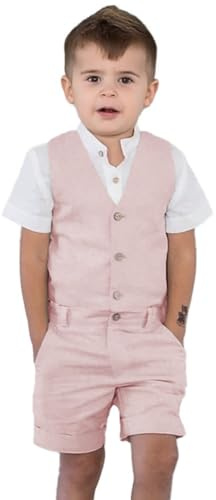 Costume d'été 2 pièces en lin pour garçon - Costume gilet et short pour la plage, un mariage, rose, 5 ans
