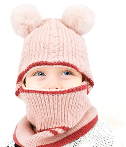QKURT 1 st barn vinter balaklava, småbarn tjock vinter balaklava mössa hattar varm stickad mössa halsduk halsvärmare termisk fleecefoder stickad mössa med 2 fluffiga bollar för pojkar flickor 2-6