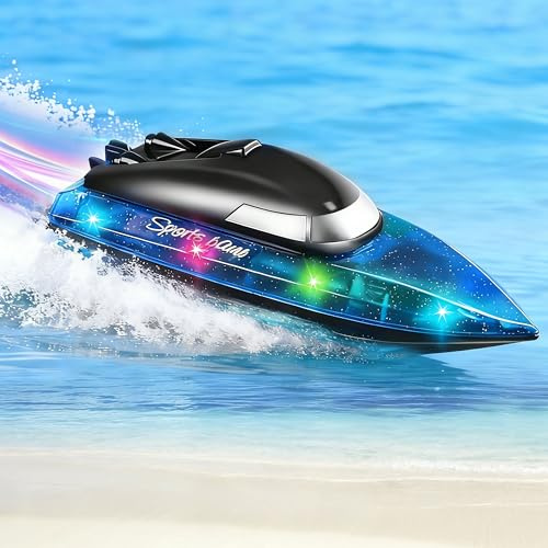 RC Boat with 1800mAh Battery, Transparent Remote Control Boat with 10 LED Lights, Auto Reverse 2.4 GHz Double Waterproof Racing Speedboat Toy for Kids 8-12 and Adult, Gift for Boy Girl Lake & Pool