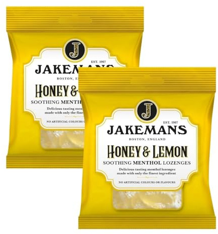 Jakemanlozenges Menthol Lozenges Honey & Lemon 73g x 2, Throat Irritation Relief, Fresh Breath Citrus Sweets, Cooling Comfort, Natural Flavour with Welari Thank You Card | (2 Pack)