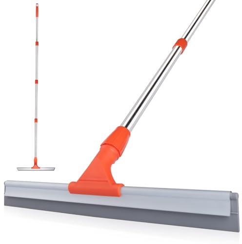 BITOPE Floor Squeegee for Cleaning, 17.3 Heavy-Duty Squeegee for Floor, Silicone Scrubber Broom with 5 Ft Stainsless Steel Long Handle for Bathroom, Glass Windows, Tile, Garage, Deck