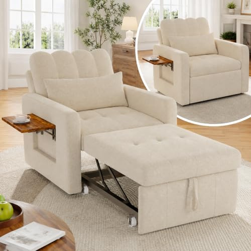 HOOGDLJ Sillón Convertible 3 en 1, Sillón Cama con Función de Cama Sillón Cama Extensible con Respaldo Ajustable Cama Plegable para Invitados con Bolsillo Lateral Sillas Ajustables (Beige)