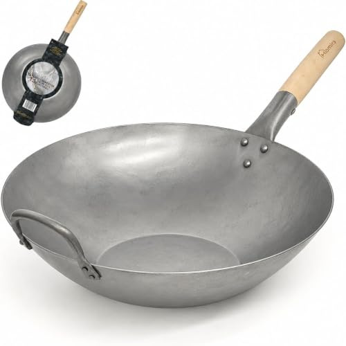 Homira 36 cm kolstål wok, handhamradoch trähandtag, PFAS-fri, kinesisk wokpanna för alla våningar bakning, induktion, gas, grill och utomhus (Platt botten)