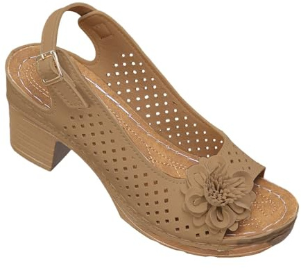 Women's Flower Beach Sandal - Sandals with Wedge Heel Women Summer Shoes Open Toe Bare Feet Elegant Sandalette Breathable Casual Shoe Block Heel Bare Feet Outdoor Sandalette, Brown, 8 UK