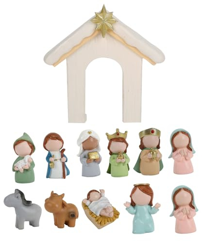 Minis - Juego de belén de Navidad, estatua de resina de la Sagrada Familia con escultura de belén de Navidad en miniatura estable, estatua de resina con establo