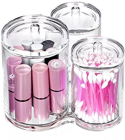 Hipiwe Clear Acrylic Cotton Swab Holder Preminm Quality Round Container Cotton Pad Q-tip Organize Case for Make Up Brush Clear Apothecary Jar