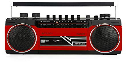 Riptunes Cassette Boombox, Retro Blueooth Boombox, Cassette Player and Recorder, AM/FM/SW-1-SW2 Radio-4-Band Radio, USB, and SD, RED