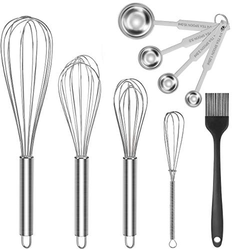 Gifort Varilla para Batir, 4 Paquete Batidor de Globo de Acero Inoxidable con 4 Cucharas Medidoras, Batidora Amasadora Manual Antiadherente para Cocina Mezclar Remover, 18/20/25/30 cm