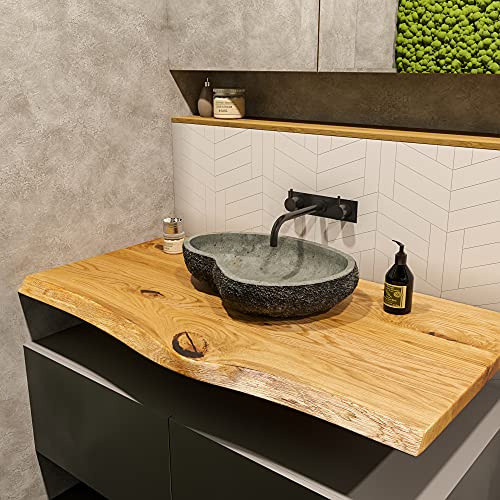 BestLoft Waschtischplatte (Länge: 65 cm/Breite: 55-60 cm) Waschtisch Eiche massiv 40 mm dick mit Baumkante - rustikale Waschtischkonsole